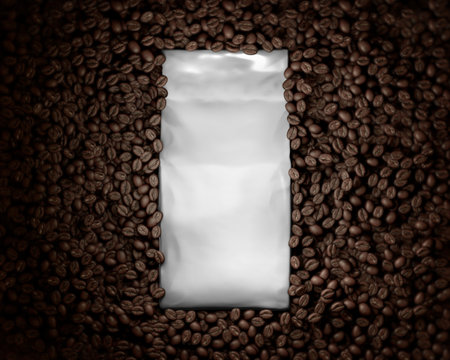 Blank Coffee Bag Mockup, isolated on a coffee beans backgroundの写真素材