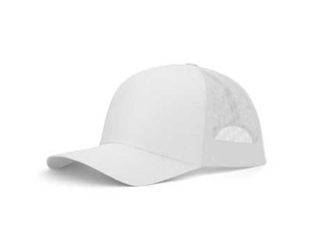 Blank Cap White Mockup Half Side View, isolated on a White Backgroundの写真素材