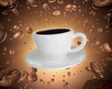 Blank Coffee Cup White Mockup with coffee beans in the backgroundの写真素材