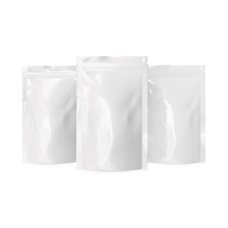 Glossy Pouch Up Blank White Template isolated in a White Backgroundの写真素材