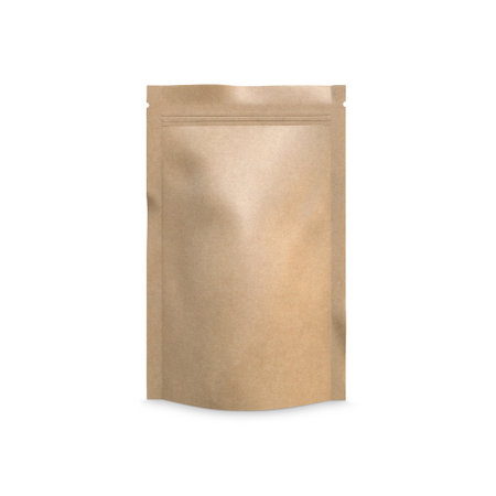 Kraft Stand Up Pouch Blank isolated mockup on a white backgroundの写真素材