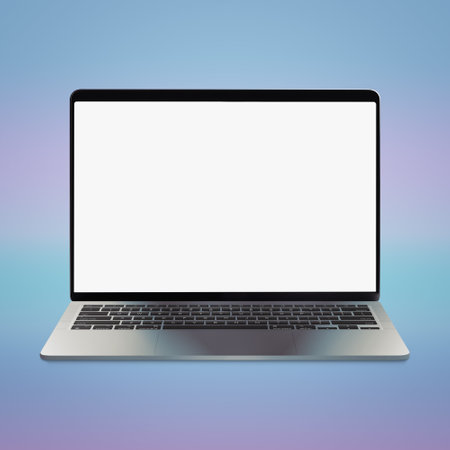 Blank laptop template computer isolated on a blue backgroundの写真素材