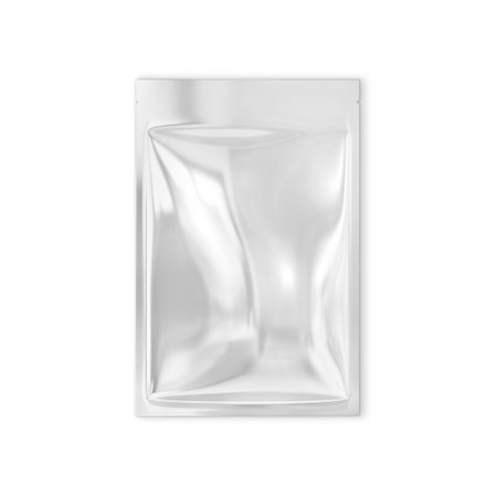Blank Metallic White Pouch Up Package isolated on a white Backgroundの写真素材