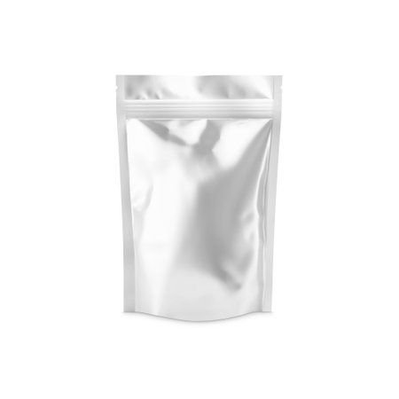 Blank Metallic White Pouch Up Package isolated on a white Backgroundの写真素材