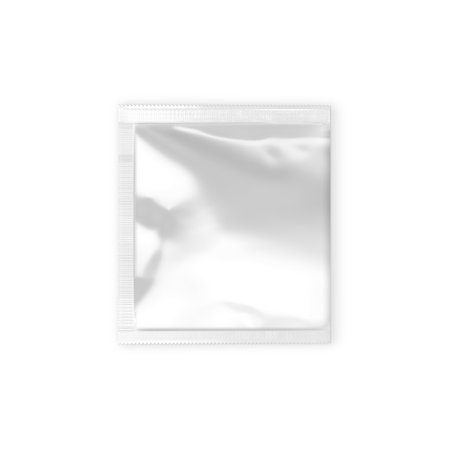 Blank Metallic White Sachet Package isolated on a white Backgroundの写真素材