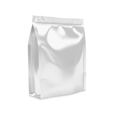 Blank Metallic White Pouch Up Package isolated on a white Backgroundの写真素材
