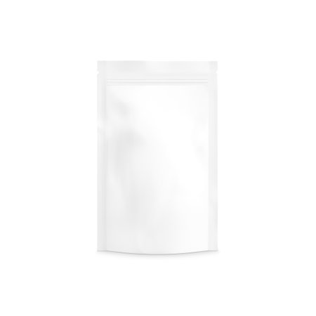 Blank Matte White Pouch Up Package isolated on a white Backgroundの写真素材
