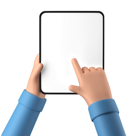 Hands holding a blank tablet template isolated on a white backgroundの写真素材