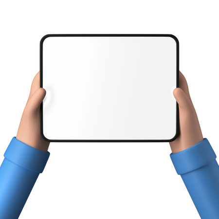 Hands holding a blank tablet template isolated on a white backgroundの写真素材