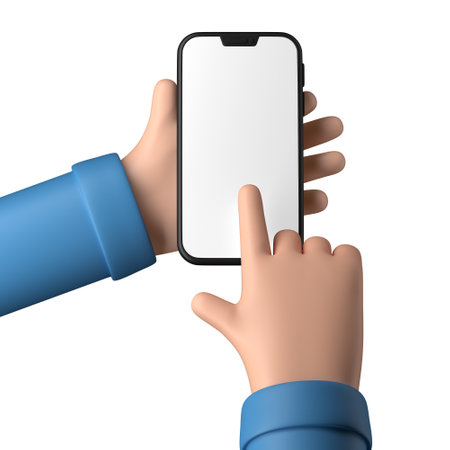 Hands holding a blank phone template isolated on a white backgroundの写真素材