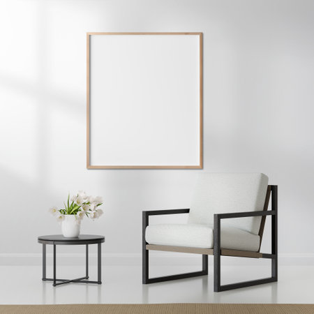 an image of a white frame portrait on a wall in a living room background
