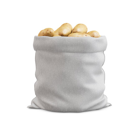 a white Sack with Potatoes image isolated on a white backgroundの写真素材