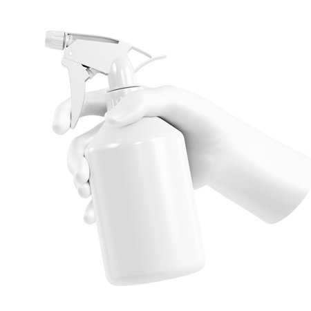 a white mannequin hands holding a spray plastic bottle isolated on a white backgroundの写真素材