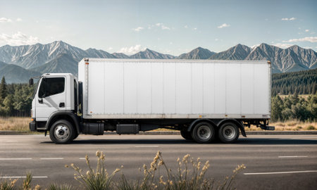 An image of a white truck on a roadの写真素材