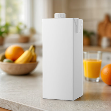 An image of a Juice Box with oranges behindの写真素材