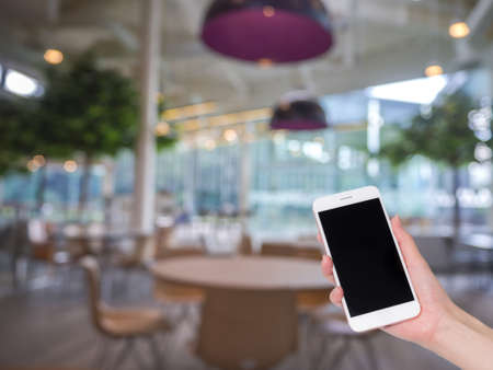 Hand holding mobile phone with Shopping mall or department store blurred background and bokeh light, Social network, internetの写真素材