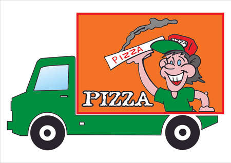 Vector illustration of a delivery man delivering pizza with vanのイラスト素材