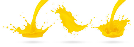 Orange juice, splatter orange splashes of paint, 3d realistic vector illustration.のイラスト素材