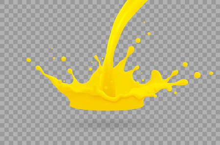 Orange juice, splatter orange splashes of paint, 3d realistic vector illustration.のイラスト素材