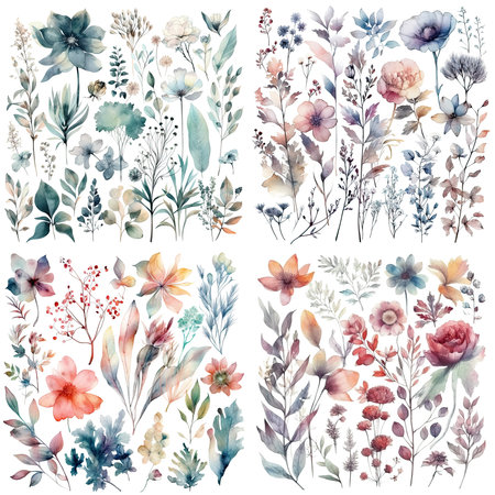 Watercolor floral seamless pattern. Hand painted flowers, leaves and branches.のイラスト素材