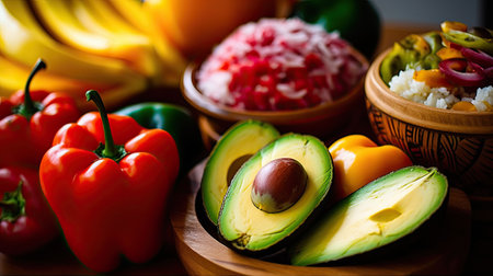 Healthy eating concept with fresh vegetables and fruits on wooden background.の素材