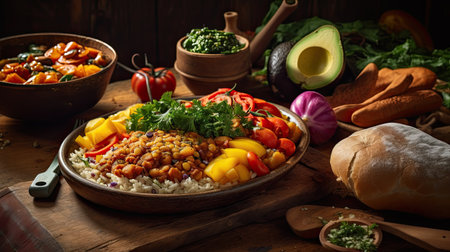 Rice with lentils, chickpeas and vegetables on wooden backgroundの素材