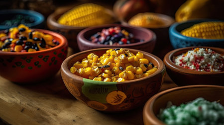 Mexican corn in clay bowls on rustic wooden background. Selective focus.の素材