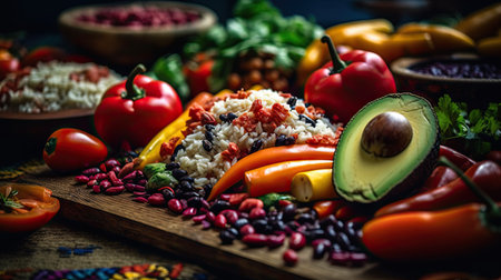 Healthy food ingredients: rice, avocado, beans, tomato, pepper, parsleyの素材