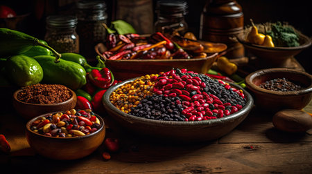 Spices and herbs on a wooden table. Selective focus.の素材