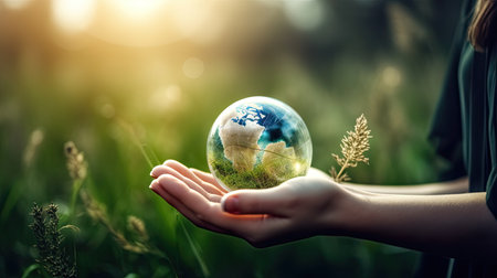 Globe in the hands of a child. Save the planet.の素材