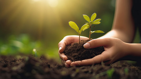 Human hands holding young plant in soil on nature background. Earth day conceptの素材