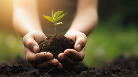 Hands of young woman holding green seedling growing in soil on blurred nature backgroundの素材