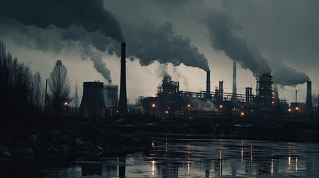 polluting factory background with lots of black smoke chimneysの素材