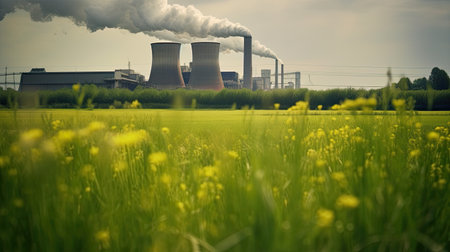 polluting factory background with lots of black smoke chimneysの素材