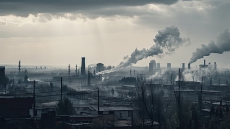 polluting factory background with lots of black smoke chimneysの素材