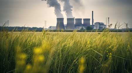 polluting factory background with lots of black smoke chimneysの素材