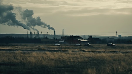 polluting factory background with lots of black smoke chimneysの素材