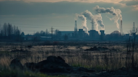 polluting factory background with lots of black smoke chimneysの素材