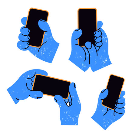 Set of hands holding mobile phones. Vector illustration in retro style.のイラスト素材