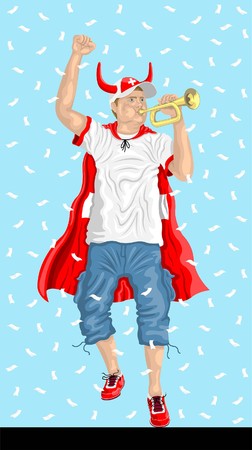 "Swiss Soccer Fan with Bugle" Swiss supporter, confetti papers and backgrounds in different layers.のイラスト素材