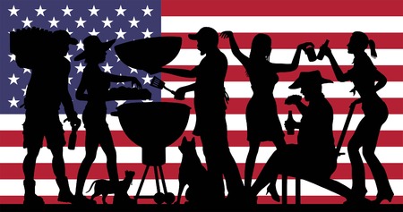 Barbecue Party Silhouette in front of USA Flag.のイラスト素材