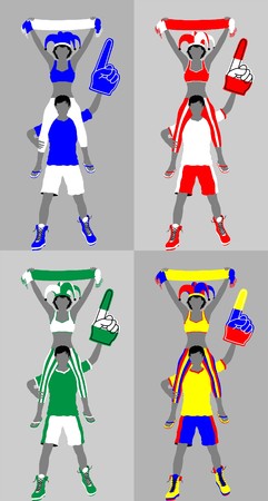 Sport supporter silhouette with scarf and foam finger. All the objects and four different silhouettes are in different layers.のイラスト素材