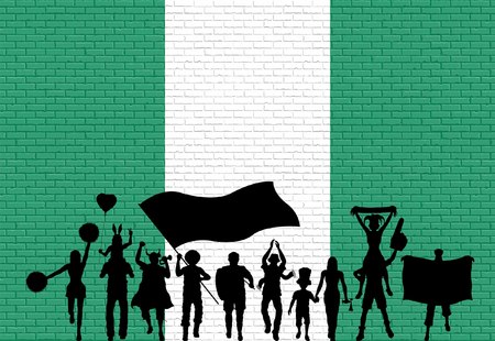 Nigerian supporter silhouette in front of brick wall. All the objects, silhouettes and the brick wall are in different layers.のイラスト素材