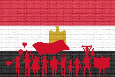 Egyptian supporter silhouette in front of brick wall with Egypt flag. All the objects, silhouettes and the brick wall are in different layers.のイラスト素材