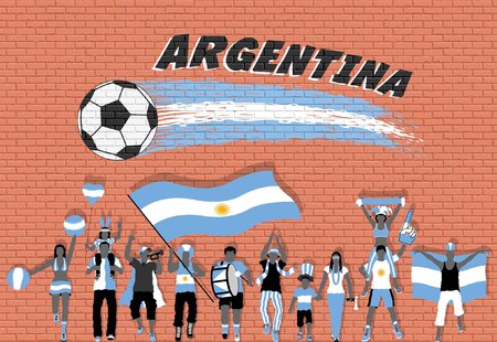 Argentinian football fans cheering with Argentine flag colors in front of soccer ball graffiti. All the objects are in different layers and the text types do not need any font.のイラスト素材