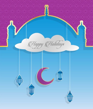 Happy Holidays greeting card with dome and ramadan lanterns. All the objects are in different layers and the text types do not need any font.のイラスト素材