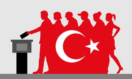 Turkish voters crowd silhouette like Turkey flag by voting for election. All the silhouette objects, and background are in different layers.のイラスト素材