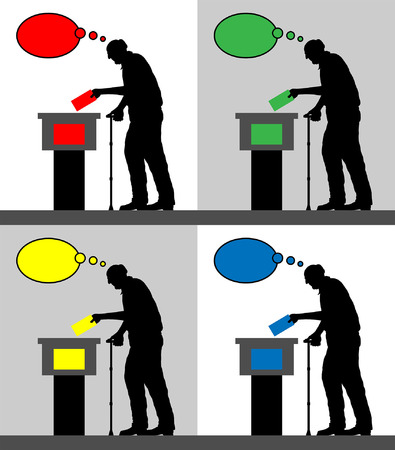 old man voter silhouettes with different colored thought bubble by voting for election. All the silhouette objects and backgrounds are in different layers.のイラスト素材