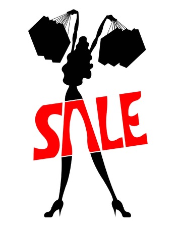 Silhouette of woman with shopping bags. All fonts are in font.のイラスト素材