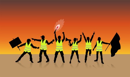 Yellow vests protest in Paris France in front of sunset. All Shadows and Shadows.のイラスト素材